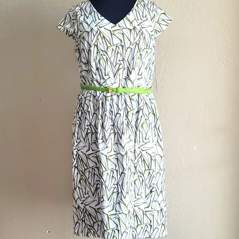 Stylish White and Green Patterned Dress NWT $129